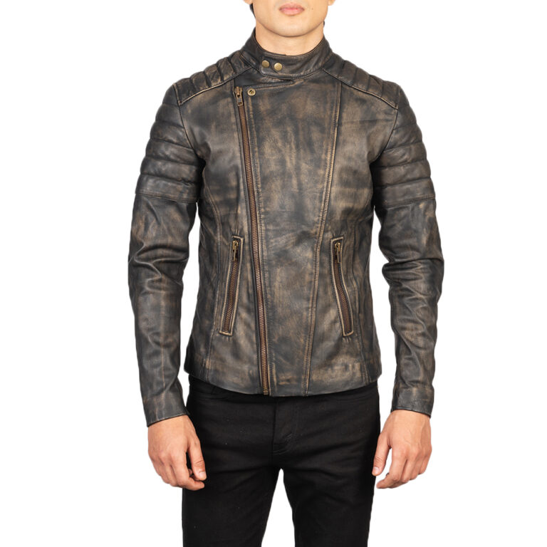 Mens Faisor Distressed Brown Leather Biker Jacket Close Front-5-1634129315155